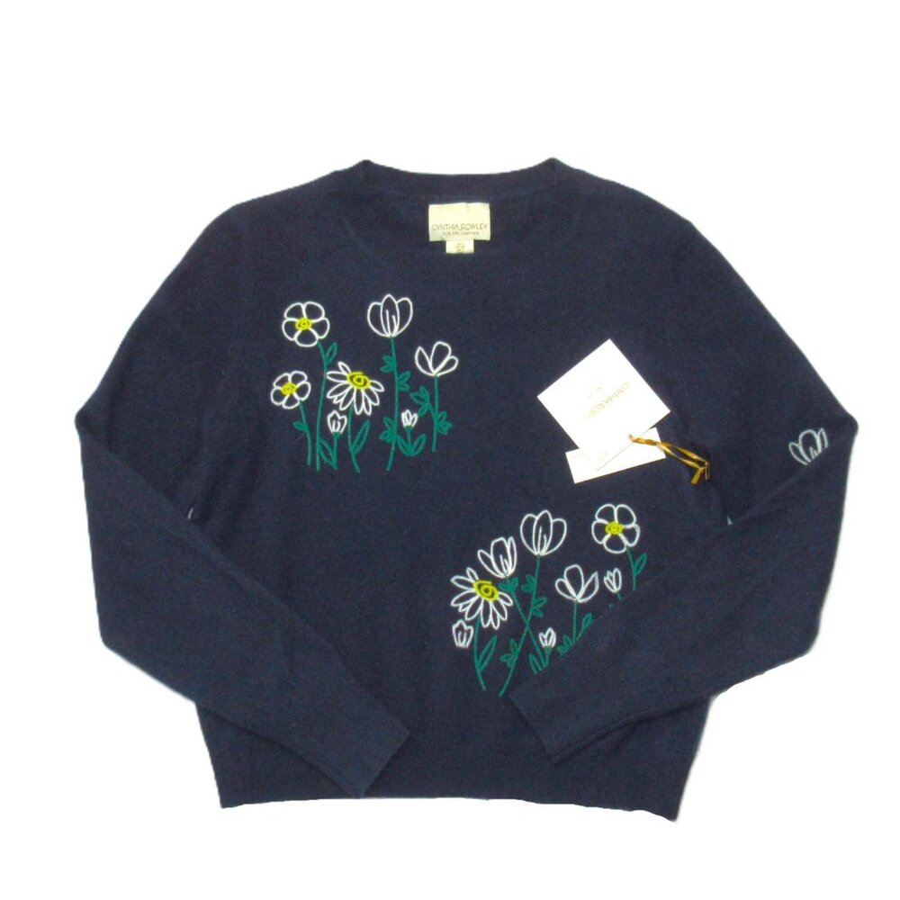NWT Cynthia Rowley Crew Neck in Navy Floral Embroidered Cashmere Sweater S